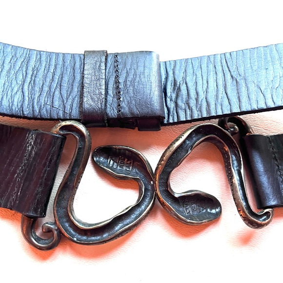 Snakes Serpents Buckle Statement Leather Slide Cinch Belt Italy - Picture 4 of 12